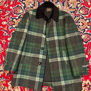 Mens Pendleton Wool Pea Car Coat Plaid Green Fur Collar Large